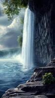 Waterfall splitting around a rock formation toward a lake , wallpaper art photo