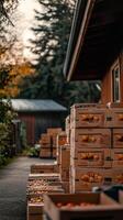 Produce boxes stack on loading dock near packing shed , wallpaper art photo