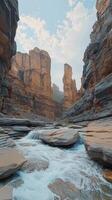 Rapids flow between rock formations toward valley , wallpaper art photo