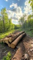 Stack of logs lying beside a cleared forest section , wallpaper art photo