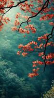 Tree branches showing leaf transitions across mountain slope , wallpaper art photo