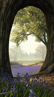 Bluebells carpeting the forest floor between tree trunks , photorealistic wallpaper photo