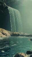 Falls dividing into streams toward a collection pool , photorealistic photo