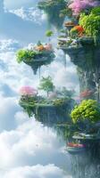 Gardens flourish on platforms high above the clouds , photorealistic wallpaper photo