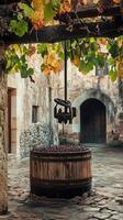 Grape press stands in courtyard of stone facility , photorealistic photo