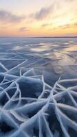 Ice forms patterns on the frozen lake surface , photorealistic photo