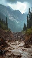 Landslide debris covering mountain slope after heavy rainfall event , photorealistic photo