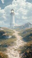 Lighthouses mark coastlines with paths winding through grass to the shore , photorealistic wallpaper photo