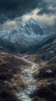 Path winding through heath towards mountain peaks , photorealistic wallpaper photo