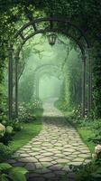 Pergolas shading pathways between garden sections , photorealistic wallpaper photo