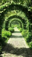 Pergolas shading pathways between garden sections , photorealistic photo