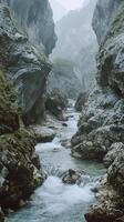 Rapids flow between rock formations toward valley , photorealistic photo