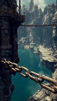 Rock formations anchor chains across floating platforms , photorealistic photo