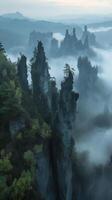 Rock spires piercing through cloud layers , photorealistic wallpaper photo