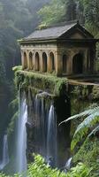 Ancient ruins stand near cliffs and waterfalls , photorealistic wallpaper photo