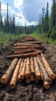 Stack of logs lying beside a cleared forest section , photorealistic wallpaper photo
