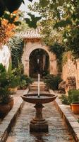 Stone fountains centered between building walls , photorealistic photo