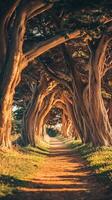 Tree branches create natural archways in the forest , photorealistic wallpaper photo