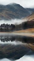 Lakes reflect mountain peaks through mist rising from the water surface, wallpaper art photo
