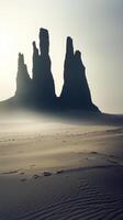 Rocky formations rise from sand, silhouetted like desert mountains, wallpaper art photo