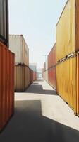 Shipping containers stacked between warehouse loading areas, wallpaper photo