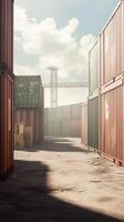 Shipping containers stacked between warehouse loading areas, wallpaper art photo
