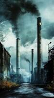 Smokestacks rising from factory roofs toward the sky, wallpaper photo