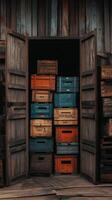 Barn doors open to reveal stacks of crates and equipment, photorealistic photo
