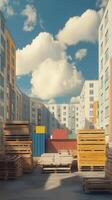 Equipment yards spread between manufacturing buildings, photorealistic photo