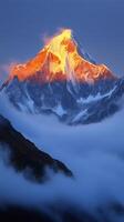 Peaks emerge through fog layers in a mountain chain sequence, photorealistic wallpaper photo