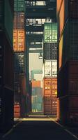 Shipping containers stacked between warehouse loading areas, photorealistic photo