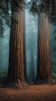 Tree trunks rise through fog into the canopy above the forest floor, photorealistic photo