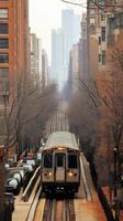 Citywide transportation lines weaving between building structures, photorealistic wallpaper photo