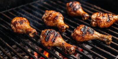 Chicken drumsticks cooking on a grill with grill marks and coals beneath, culinary photography photo