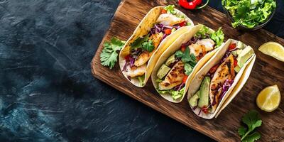 Fish tacos placed on a wooden board with visible garnishes and fillings, culinary photography photo
