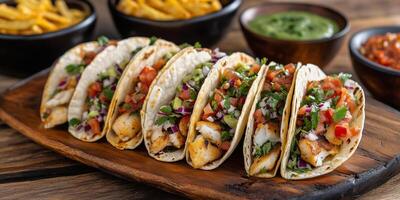 Fish tacos on a platter with tortillas open to reveal fillings, food photography photo