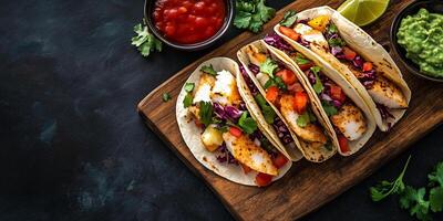 Fish tacos served on a wooden board with scattered toppings, culinary photography photo