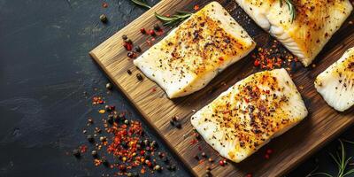 Grilled fish fillets on a cutting board with seasoning scattered, culinary photography photo