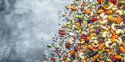 Mixture of nuts, seeds, and dried fruits spread across a flat surface, gastronomy photography photo