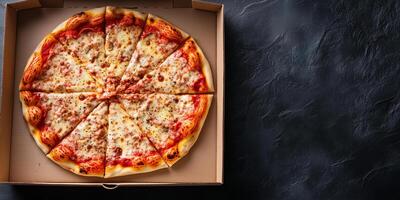 Pizza box with a whole pizza, slices evenly arranged, gastronomy photography photo