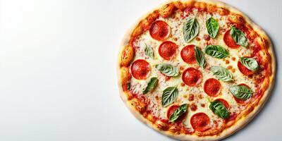 Whole Margherita pizza with tomato base and evenly distributed toppings, gastronomy photography photo
