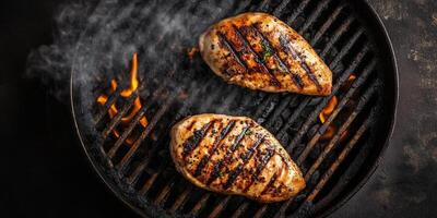 Chicken breast on a barbecue grill with grill marks and smoke, photorealistic food photo