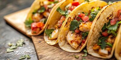 Close-up of fish tacos with visible fillings and tortillas slightly open, photorealistic food photo