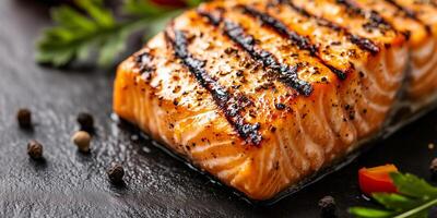 Close-up of grilled salmon fillet with seasoning and grill marks, gastronomy photography photo