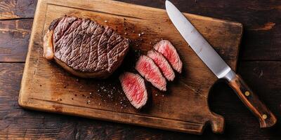 Filet mignon steak sliced on a cutting board with a sharp knife nearby, photorealistic food photo