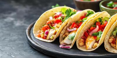 Fish tacos on a platter with tortillas open to reveal fillings, photorealistic food photo