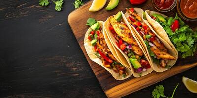Fish tacos served on a wooden board with scattered toppings, gastronomy photography photo