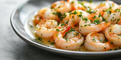 Shrimp scampi on a platter with garlic sauce and parsley on top, photorealistic food photo