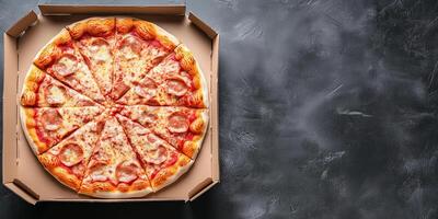 Pizza box with a whole pizza, slices evenly arranged, meal photography photo