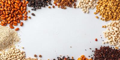Assortment of trail mix ingredients in a circular pattern, meal photography photo